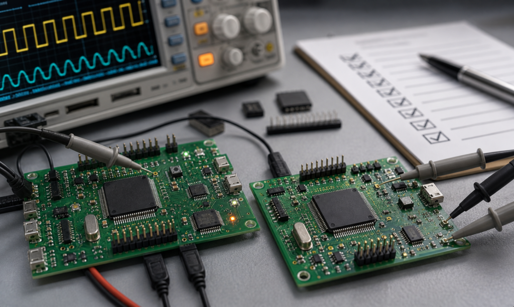 GD32F303 MCU alternative validation concept with two controller boards and oscilloscope probes