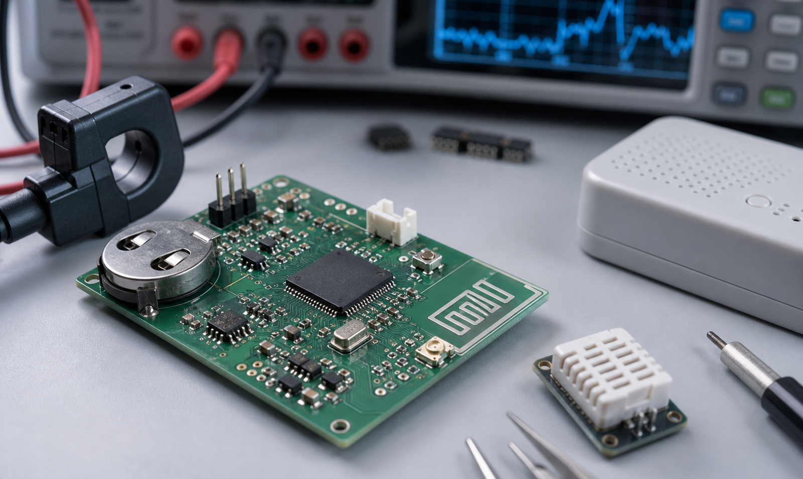 nRF54L15 low-power wireless SoC concept with battery sensor board and current measurement setup
