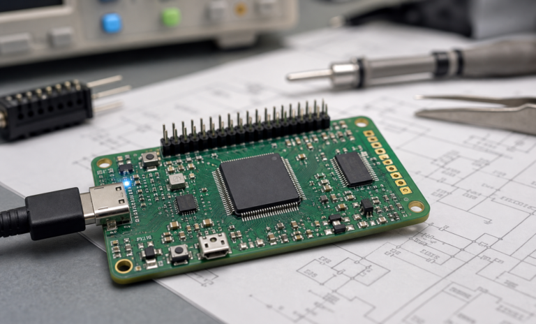 RP2350 custom microcontroller board concept with USB boot flash and debug circuitry