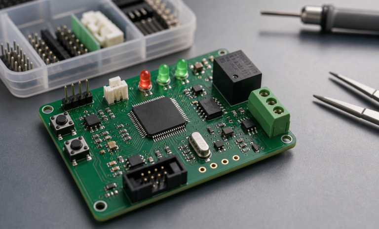 STM32C0 low-cost 32-bit MCU control board concept with buttons LEDs relay output and programming pads
