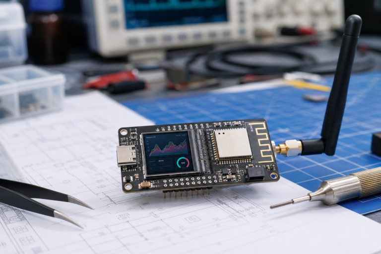 Unbranded dual-band wireless MCU prototype board with display and RF antenna on an engineering bench
