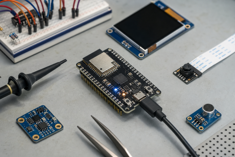 Unbranded ESP32-S3 style development board with small display, camera module, and microphone module on an electronics workbench