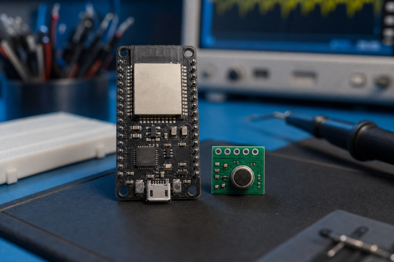Unbranded INMP441-style digital microphone module beside an ESP32 development board on an electronics bench