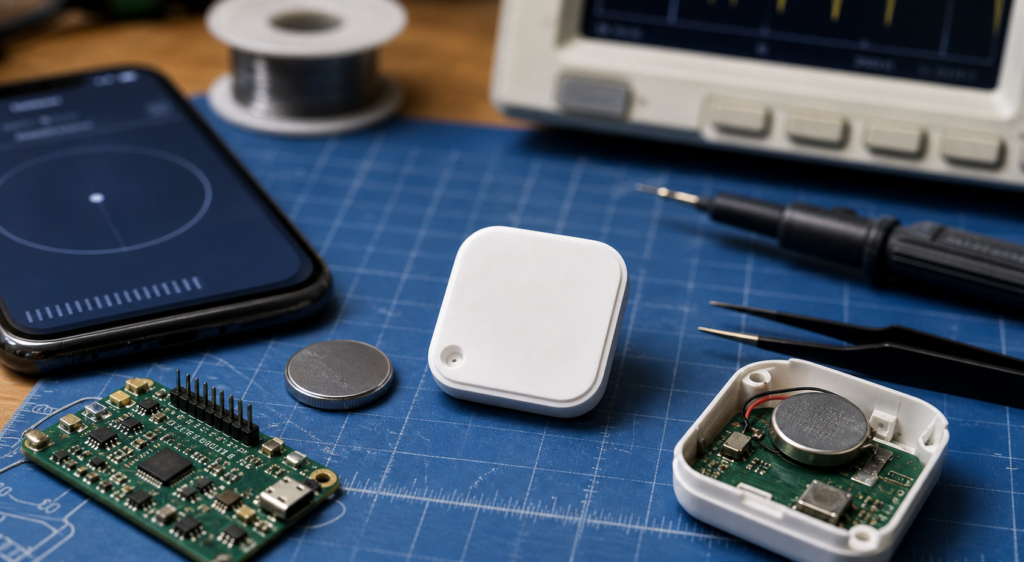 Unbranded low-power wireless tag prototype with coin cell and compact electronics on a workbench