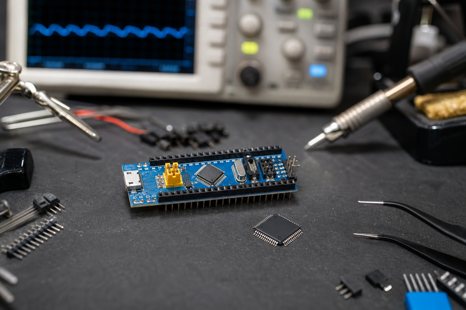 Editorial image for STM32F103C8T6 MCU selection with control board and loose microcontroller package