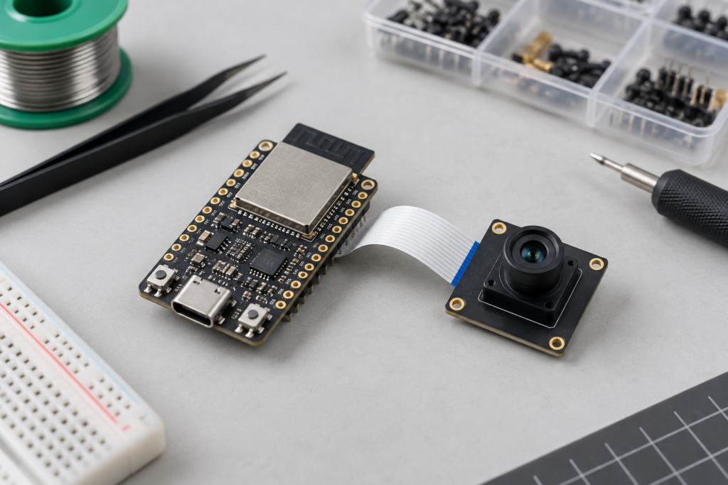 Concept illustration of an ESP32-S3 camera module application with a wireless board and camera ribbon