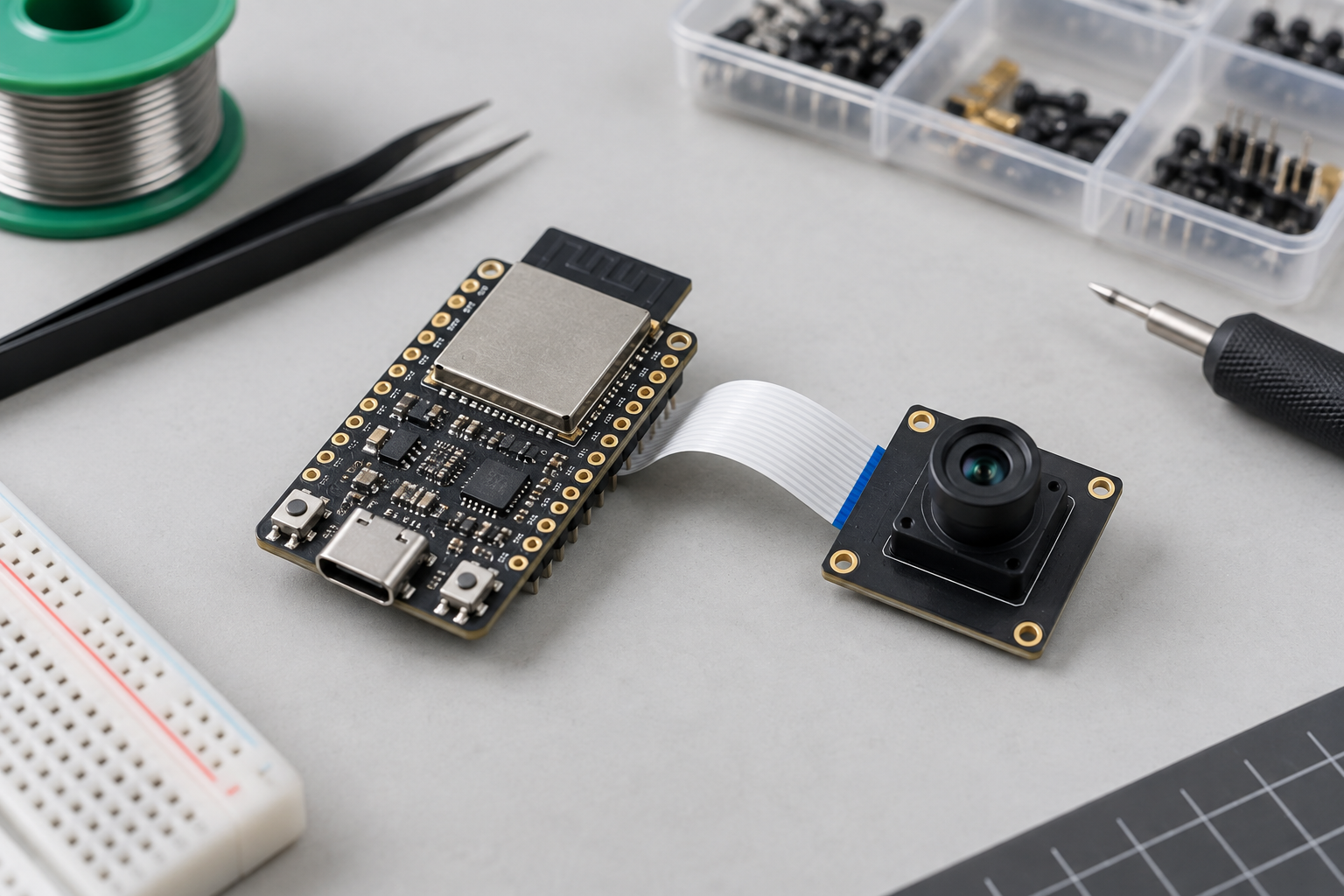 Concept illustration of an ESP32-S3 camera module application with a wireless board and camera ribbon