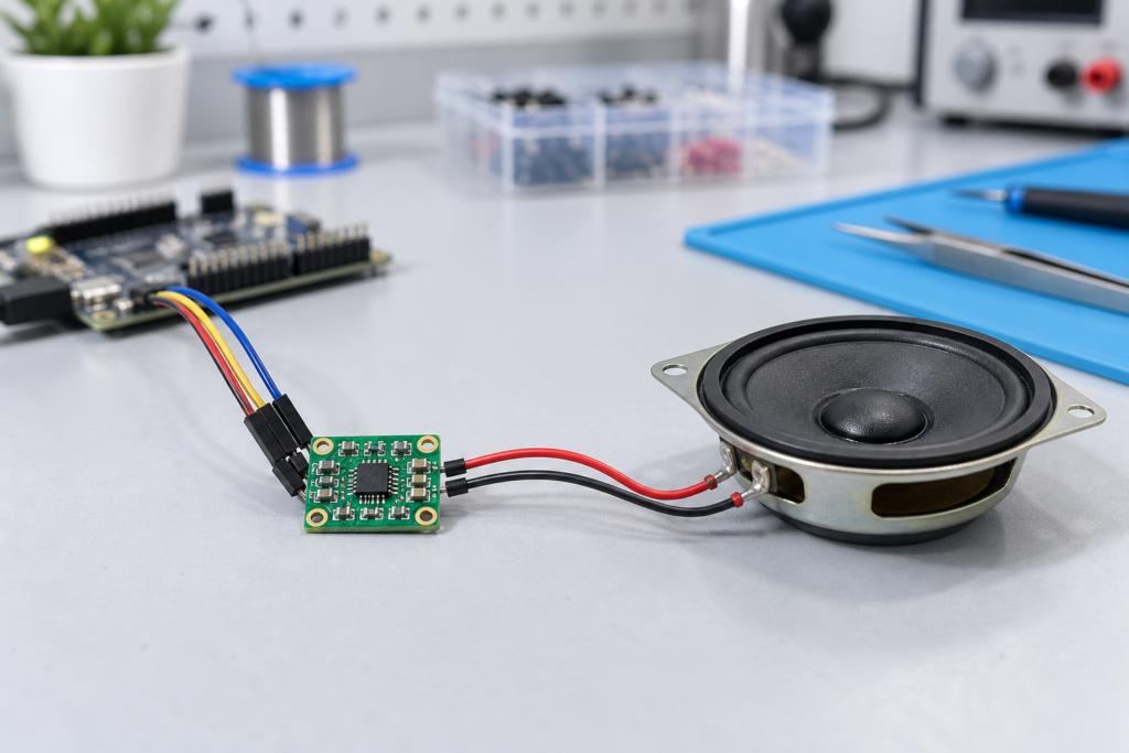 Concept illustration of a MAX98357A I2S amplifier application with a small amplifier board and speaker
